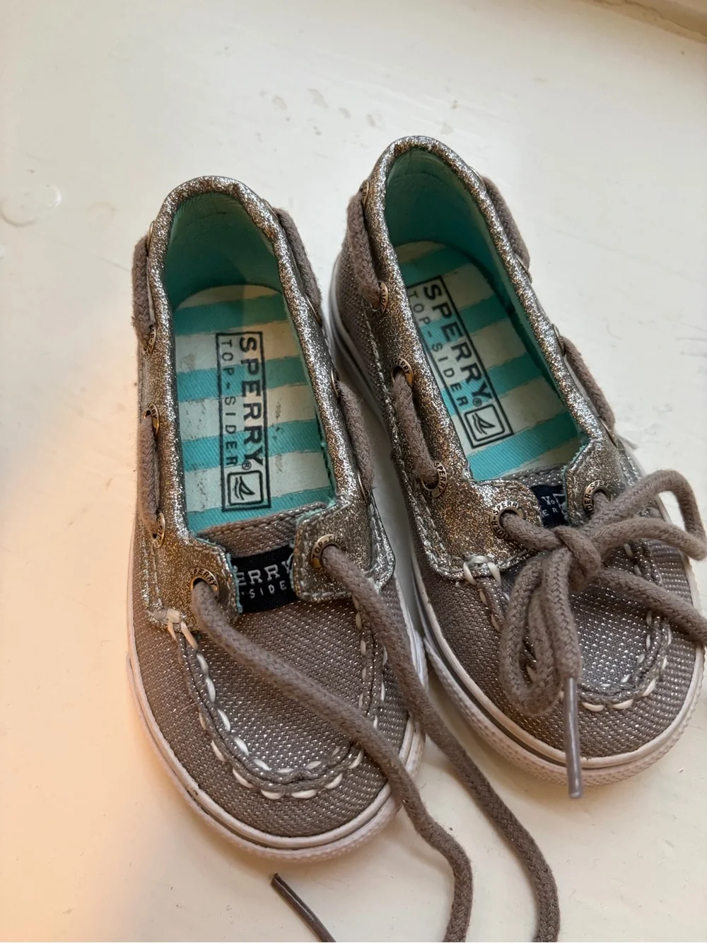 Sperry Kids Glittery Silver Moccasin Boat Shoes Toddler Size 5